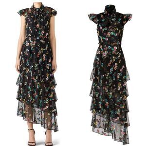 NWT ML Monique Lhuillier Multi Floral Black Mesh Tiered Embroidered Sleeved Gown